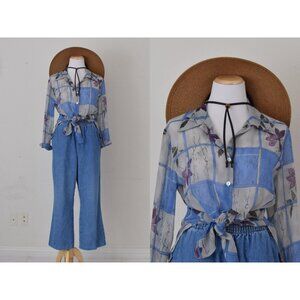Vintage 1980s Floral Sheer‎ Polyester Button up Blouse by TESS size S